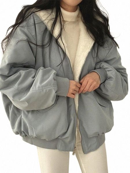 Корейская толстая стеганая женская куртка с капюшоном с двумя сторонами Свободный топ с короткими рукавами Lg 2023 Зимняя женская молния Теплая повседневная куртка r4fO #