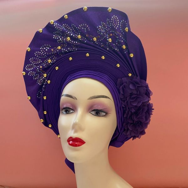 Stoff Afrikanische Turban Mütze mit Blume auf der Oberseite Nigerian Sego Gele Headtie 2022 Hochwertige Auto Gele bereits hergestellte Kopfbinde für Party