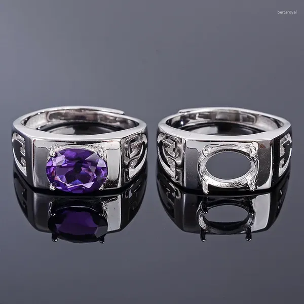 Cluster-Ringe MeiBaPJ 7/9 Natürlicher Amethyst-Edelstein-Modering / Leere Unterstützung für Männer Echter 925er Sterlingsilber-Fein-Charm-Schmuck