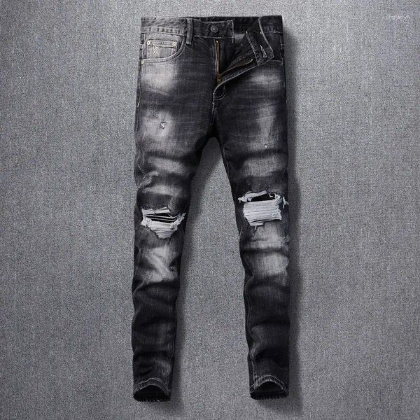 Jeans masculinos mais recente moda vintage preto cinza elástico slim fit split patch designer hip hop