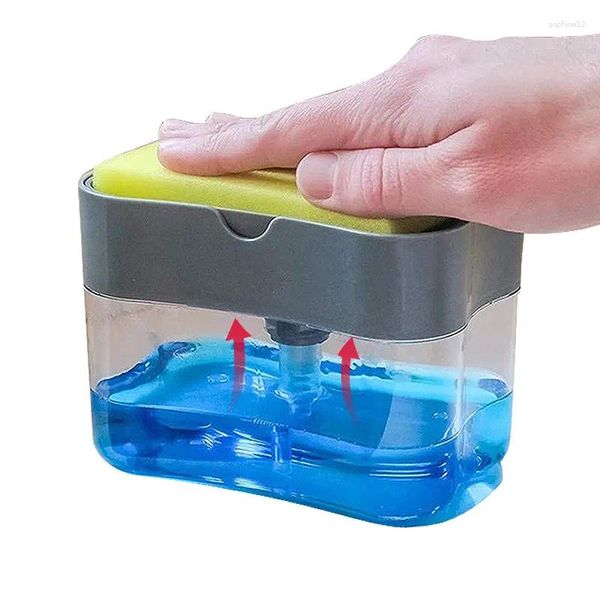 Dispensador de sabão líquido 2 em 1, recipiente de bomba de prato com suporte de esponja para cozinha, banheiro, acessórios de lavagem