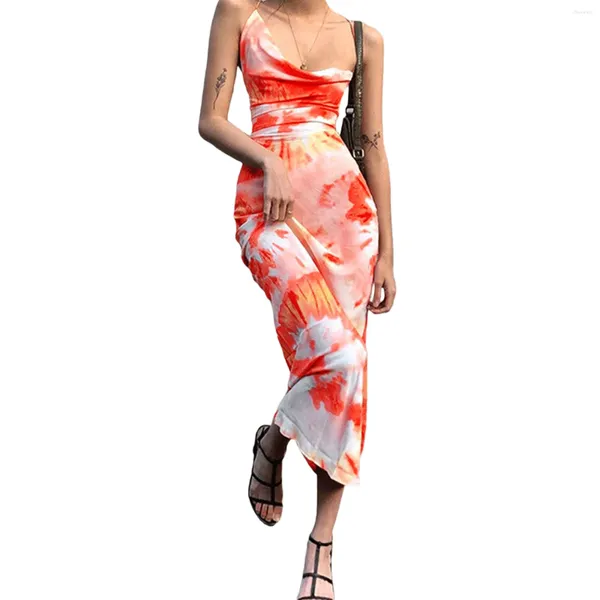 Lässige Kleider Damen Y2k Ärmelloses Sling-Maxikleid Sommer Batik-bedrucktes U-Boot-Ausschnitt Sexy rückenfreies Sommerkleid