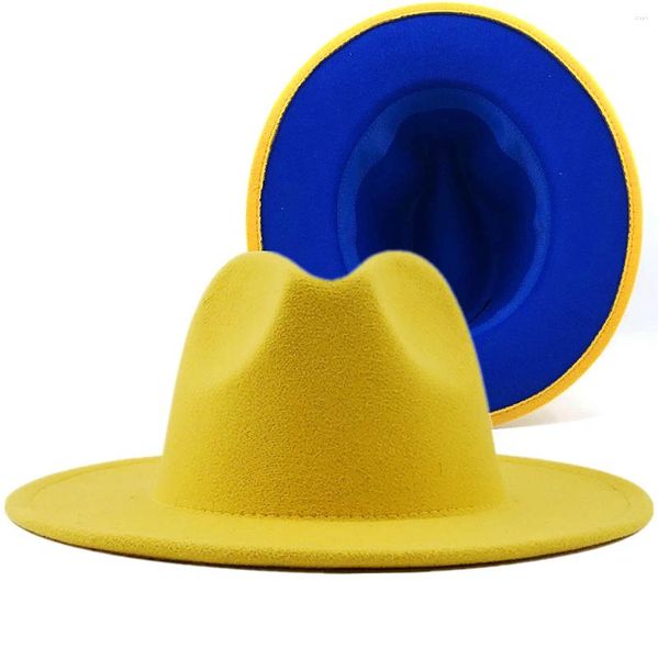 Berets azul simples amarelo retalhos lã feltro jazz fedora chapéus com fivela de cinto homens mulheres borda larga panamá cowboy trilby chapéu l/xl