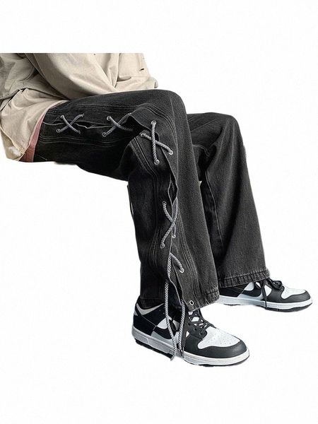 Foufurieux Американские джинсы Мужские рваные ремни Джинсовые брюки в стиле хип-хоп Мужские свободные повседневные прямые брюки в стиле ретро Весна/осень 2023 J1Hc #