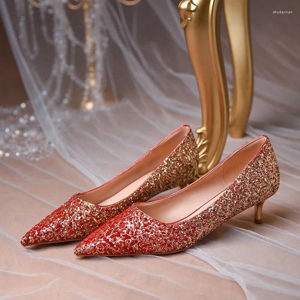 Kleidschuhe Rot Gelb Farbverlauf Pailletten Hochzeit Frauen Mode Helle Breite Braut Pumps Niedrige Goldene Absätze Glas Slipper Single