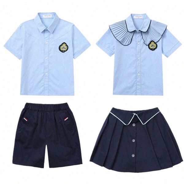 Stile britannico Scuola materna Uniformi scolastiche primarie Camicia estiva Gonna blu scuro Pantaloncini Abiti da studente per bambini Ragazzi Ragazze m78x #