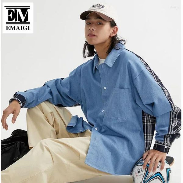 Männer Casual Hemden 2024 Hemd Männer Cityboy Japan Koreanische Streetwear Fashion Splice Plaid Lose Langarm Übergroße Blusen