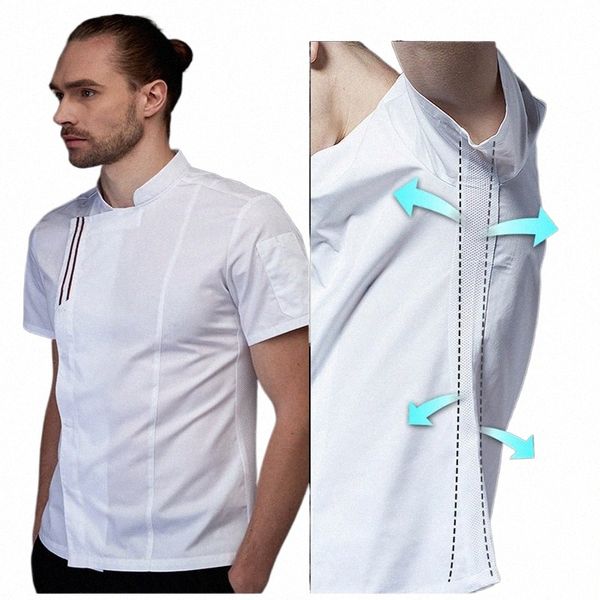 Verão masculino jaqueta do chef camisa branca chef cozinha cozinhar jaqueta restaurante uniforme barbeiro workwear macacão u81w #