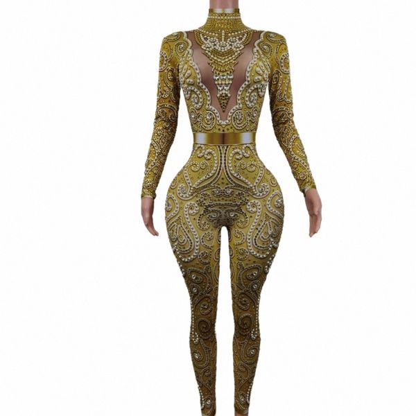 sexy Sparkly Rhinestes Oro Spandex Tuta Lg manica Festa di compleanno Outfit Ballerino Cantante Mostra Pagliaccetti Stage Wear Quanquan G37J #