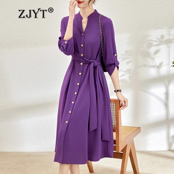 Abiti casual ZJYT Primavera 2024 Camicia longuette elegante fasciatura per donna Viola Nero Monopetto Abito semplice Office Lady Robe