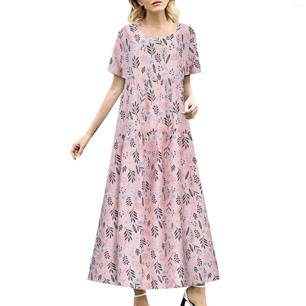 Lässige Kleider Sommer 2024 Baumwolle Flowy Damen Bohemian Floral Straight Fit Kleid Kurzarm O-Ausschnitt