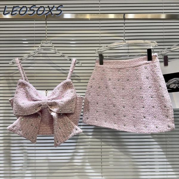 Abiti da lavoro Kawaii Sweet Pink Strass Big Bowknot Canotta Gonna in tweed Outfit Donna 2024 Spring Vest Corto in due pezzi Set
