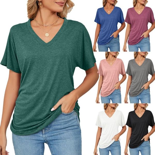 T-shirt a maniche corte da donna di design tinta unita moda T-shirt a maniche corte T-shirt casual con scollo a V Taglie forti S-XXL