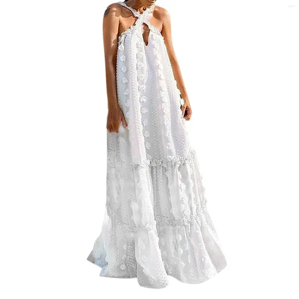 Vestidos casuais verão boho vestido branco para mulheres sexy cruz halter boêmio solto praia longa flor 3d senhoras férias babados robe