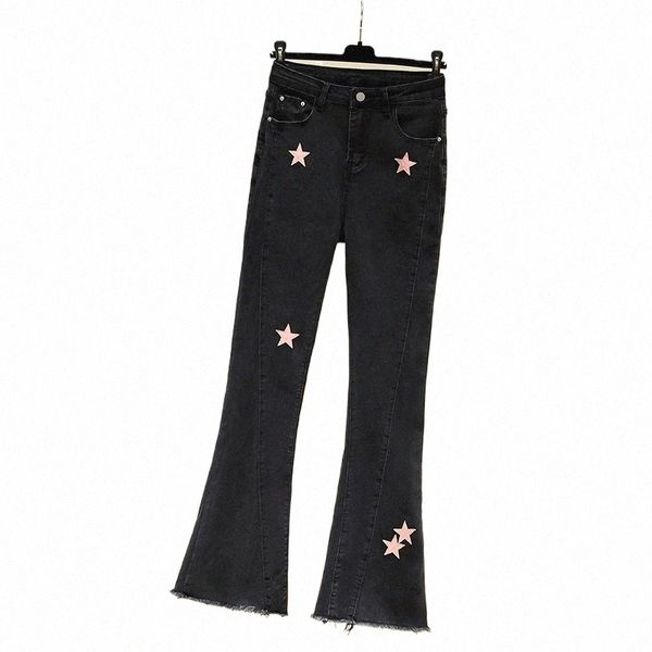 Plus Größe L-5XL Eastic Schwarz Jeans Für Frauen Hohe Taille Stern Stickerei Denim Hosen Weibliche Y2K Fared Hosen Kleidung 2023 neue W5ts #