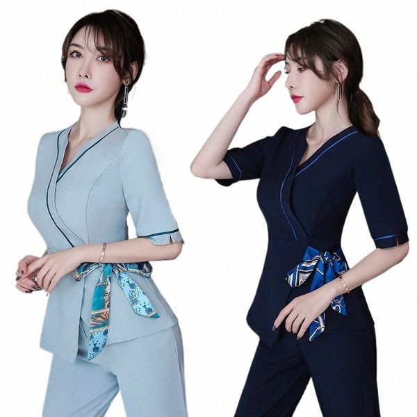 Spa Uniformen Frauen Arbeitskleidung Schönheit Kleidung Kosmetikerin Scrubs Arbeitskleidung Schönheit Sal Tattoo Künstler Uniform 2pcs Set Großhandel H2FF #