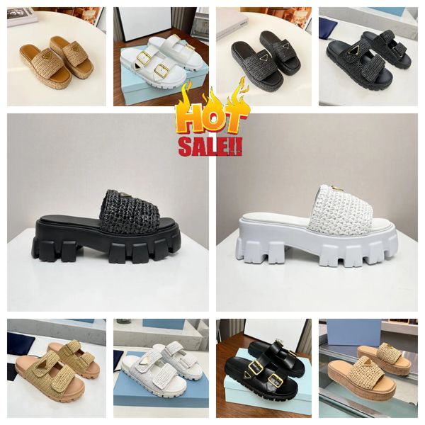 Top-Luxus-Designer-Sandale für Damen, Häkel-Slides, schwarze Plateau-Keile, Stroh-Flatform-Slipper, Sommer, flach, bequem, Mule, Strand, Pool, zwei Riemen