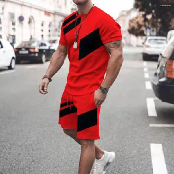 Erkeklerin Trailtsuits Erkekler spor takım elbise yaz sporu seti o yaka tişört elastik çizim bel şortları renk blok tasarımı için