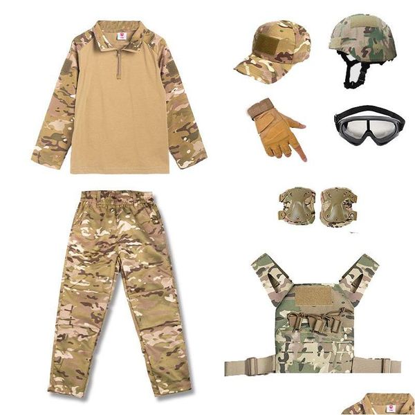 Set giacca tattica Camouflage Kid Bambino Uniforme Cs Bdu Set Sport all'aria aperta Airsoft Gear Jungle Caccia Woodland Casco Gilet Cap Comba Ot6Bu