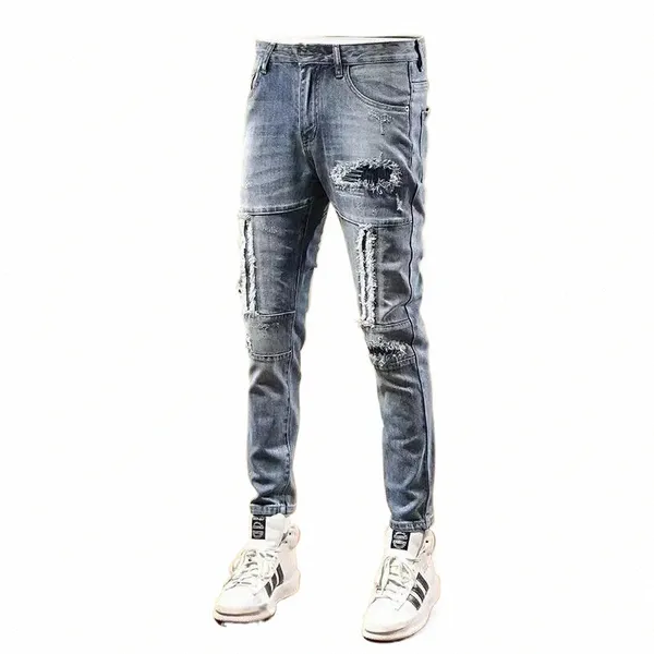 Homens Street Style Light Blue Jeans Trendy Elastic Patchwork Slim Fit Calças de Perna Pequena Casual Cott Material Adultos I8Kh #