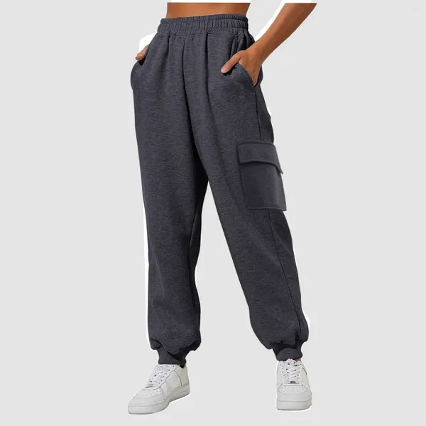 Calças femininas cintura alta forrado de lã moletom largo perna reta joggers treino casual sólido multi bolso carga