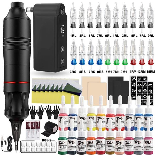 Kit de tatuagem profissional completo DC Rotary Machine Pen Set com fonte de alimentação sem fio para iniciantes de maquiagem 240327