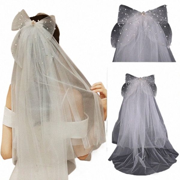 Velo da sposa in tulle avorio con fiocco Veli da sposa corti Maglia bianca Copricapo Sposa Velo corto Testa posteriore Decor Accessori per capelli m5d2 #