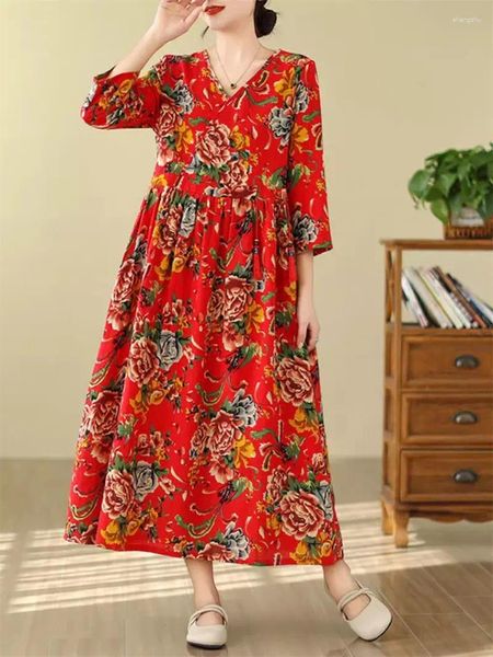 Vestidos casuais algodão e linho nordeste grande flor vestido feminino verão retro estilo chinês impresso temperamento tendência robe k166