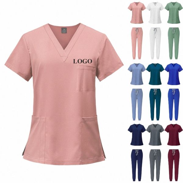 fi Branco Uniformes Hospitalares Enfermeira Beleza Dental Sal Roupas de Trabalho Personalizado LOGOTIPO Uniforme Médico Scrubs Jogger Conjuntos Unissex 89SJ #