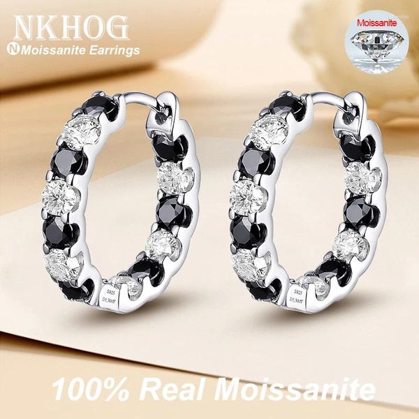 Brincos de argola nkhog 3mm branco-preto completo moissanite 925 prata 18k banhado a ouro feminino brinco presente festa de casamento jóias finas gra