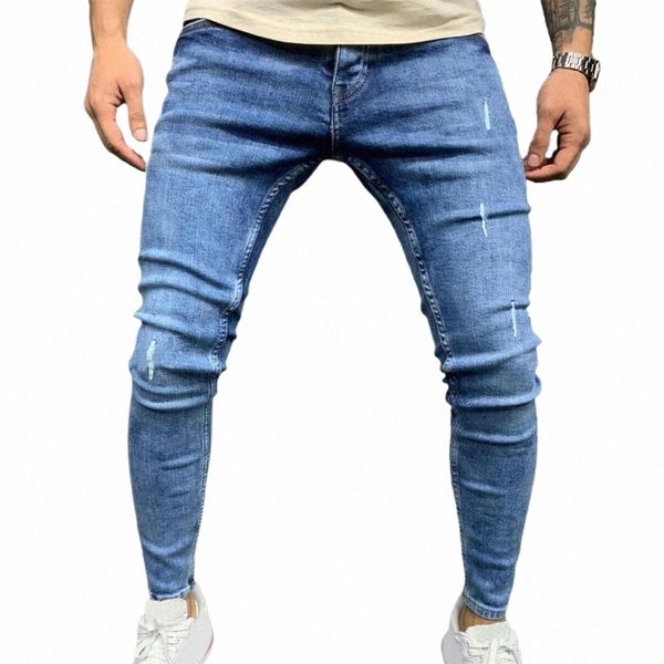 Pantaloni della tuta da uomo nuovi Pantaloni jeans con foro sexy Pantaloni casual da uomo autunno strappati Pantaloni skinny stretch Slim Biker Pantaloni a matita blu M-3XL O75z #