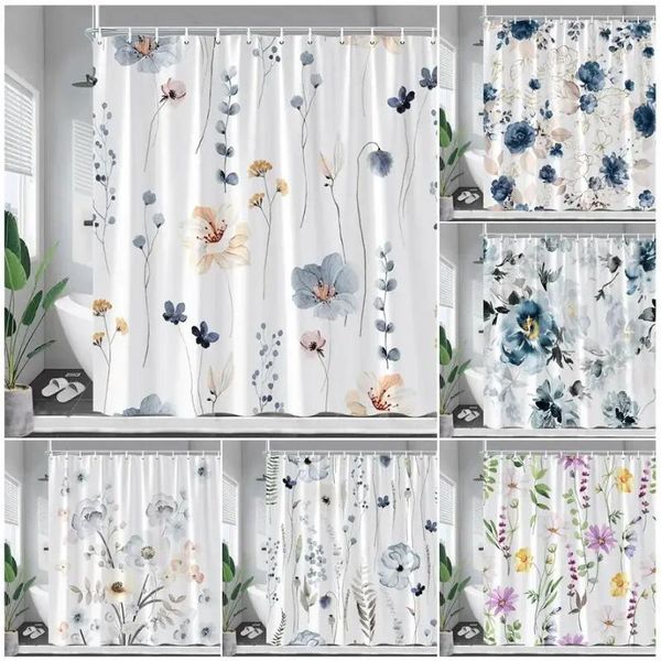 Cortinas de chuveiro rústicas, florais, aquarela, flores, plantas, folhas, moderno, minimalista, primavera, decoração de banheiro, tecido, conjuntos de cortinas de banho