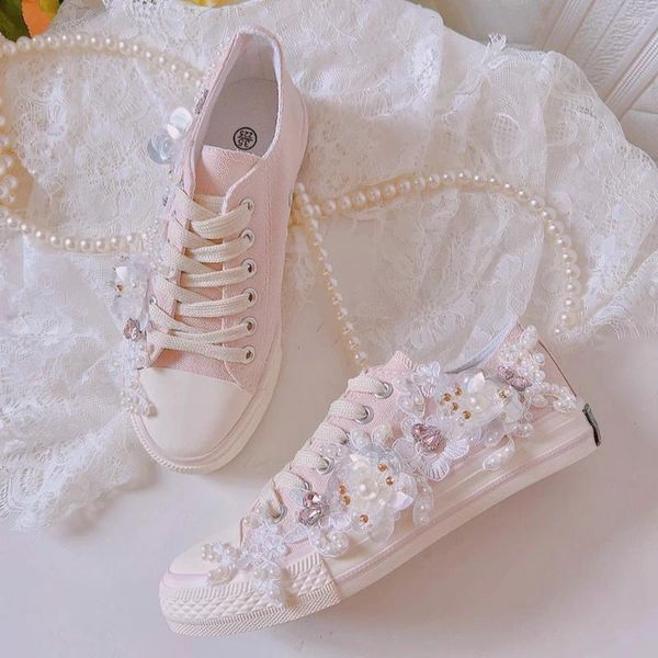 Sapatos casuais verão flor vulcanizada moda tênis feminino estilo coreano de pequena lona branca rosa