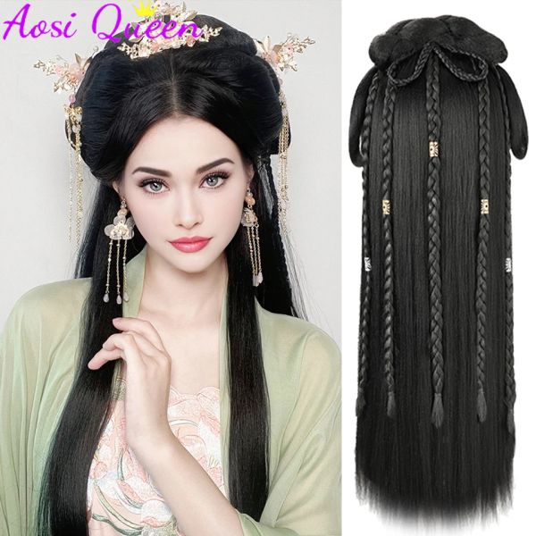 Chignon como hanfu peruca completa chapelaria estilo antigo peruca saco allinone bandana preguiçoso traje peruca estilo coque para mulher