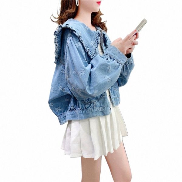 Женская короткая джинсовая куртка в корейском стиле с милыми оборками, женская джинсовая куртка с воротником Питера Пэна в стиле ретро для женщин, верхняя одежда с рукавами Lg, топы Z9yp #