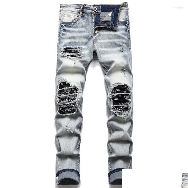 Jeans da uomo Uomo Uomo Biker Streetwear Paisley Bandana Stampa Pantaloni in denim elasticizzato Fori da lavoro Pantaloni neri dritti slim strappati Drop D Dhzku