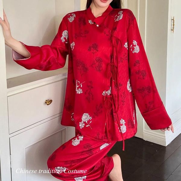 Casa roupas estilo chinês pijamas conjunto de cetim jacquard pijamas soltos toppants pijamas femininos pijamas manga longa ternos homewear