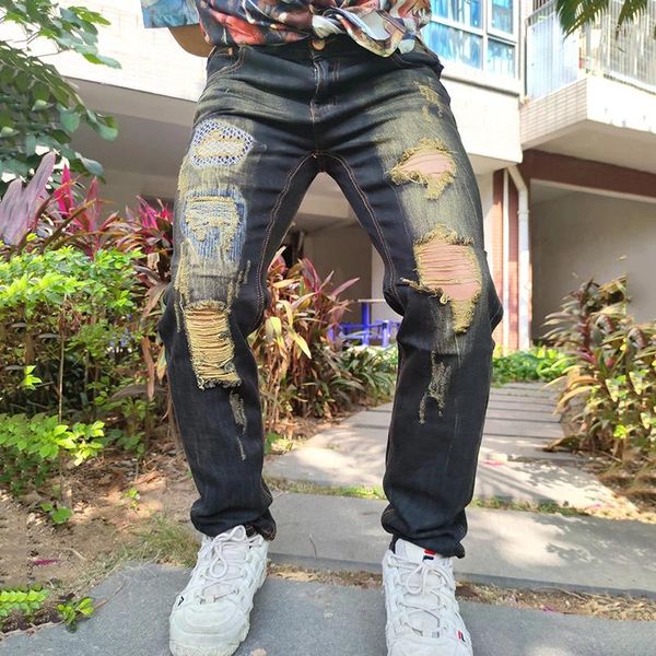 Erkekler Kot High Citity Denim Yırtık Tasarımcı Motosiklet Düz Adam Uzun Pantolon Deliği Yıkık Artı Boyut 28-42 Lüks Pantolon