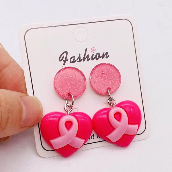 Orecchini pendenti Nastro a forma di cuore rosa Treaddrop Pendenti a tema Consapevolezza del cancro al seno Sopravvissuto Gioielli per orecchie Regali per le donne