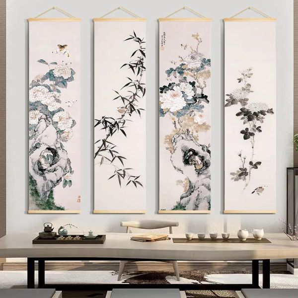 Chinesischer Stil Bambus Scroll Wandmalerei Vintage Wohnzimmer Dekoratives Poster Home Office Decals Wandkunst Bild Wandteppich 240325