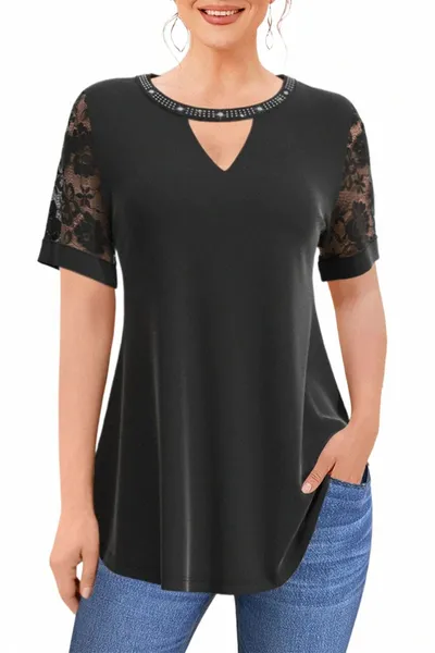 Blusa feminina plus size casual renda cortada decorativa lantejoulas brilhante manga curta escritório senhora fi camiseta verão top z4z9 #