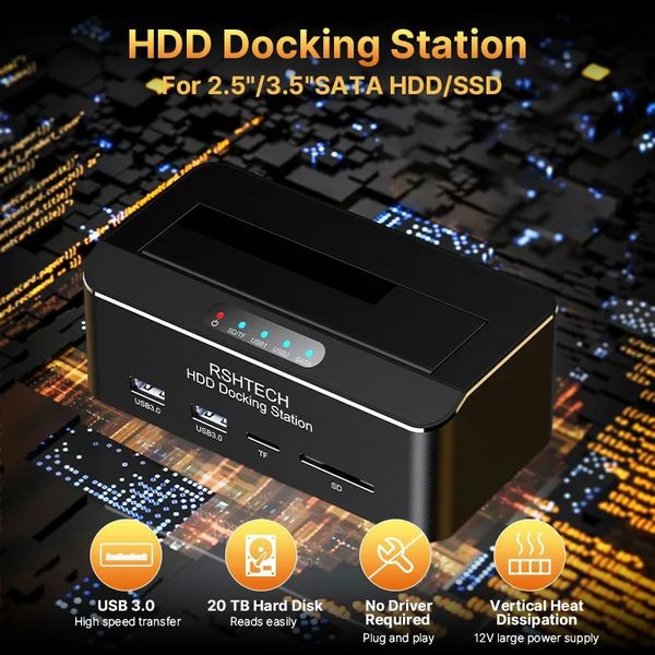 RSHTECH USB 3.0 zu SATA Externer Festplatten-Dockingstation-Gehäuseadapter für 2,5/3,5 HDD SSD mit SD/TF-Kartenleser 240322