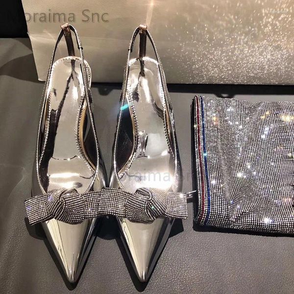Elbise Ayakkabı Rhinestone Bowknot Singback Kadın Sandalet Sandalet Gümüş Şampanya Yüksek Topuklu Ayak Ayak Parçası Boş Ofis 6.5cm