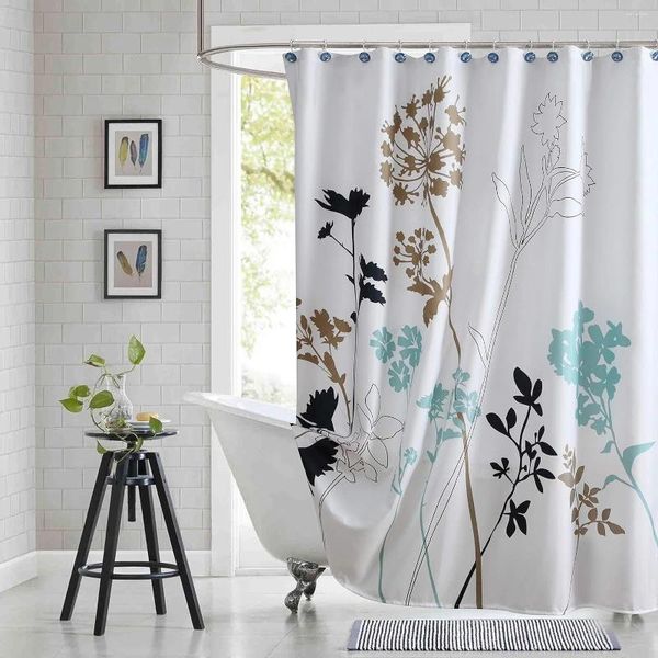 Занавески для душа, тканевые занавески с цветочным рисунком, сине-белые, бирюзовые, коричневые, с растениями, для ванной комнаты, современный декор