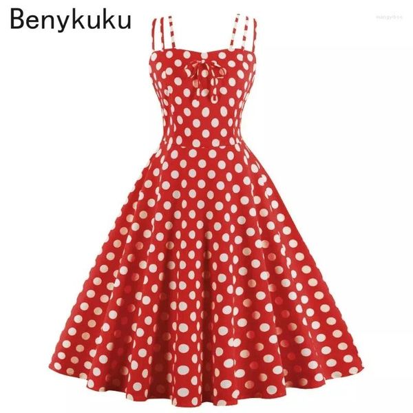 Lässige Kleider Vintage Polka Dot Baumwolle Spaghettiträger Kleid 2024 Damen Sommer Elegant Pinup 1950er 60er Tunika Swing Rockabilly