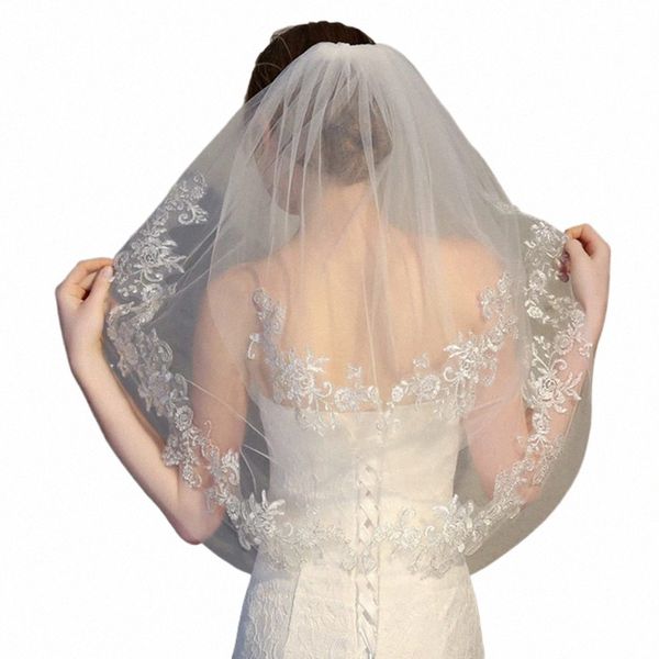 Hochzeit Spitze Kurz Glitzer Taille 2 Etagen Weicher Tüll Brautschleier mit Kamm Weiß Elfenbein k4nz#