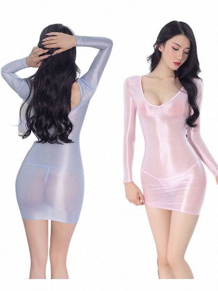 elastico lucido lucido Vestido Lg manica trasparente Hot Dr collant pacchetto Hip Minifalda sexy Clubwear Lingerie Babydoll Body X9hm #