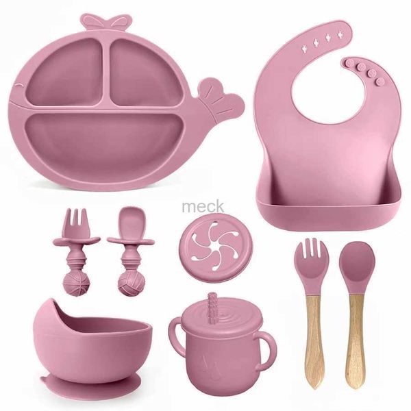 Copos Pratos Utensílios 8 Pcs Silicone Crianças Talheres Infantil Cor Sólida Conjunto de Alimentação Do Bebê Recém-nascido Bib Criança Pratos Prato Otário Tigela Mini Colher 240329