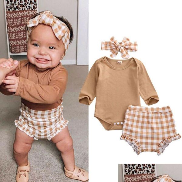 Kleidungssets Goocheer 3 stücke Baby Mädchen Kleidung Set Kleinkind Neugeborene Herbst Langarm Body Tops Plaid Shorts Stirnband Outfit 0-24 mt Dr Dht62