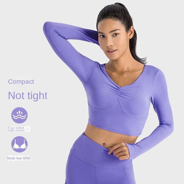 Lu Align Camiseta feminina de manga comprida, adequada para a pele, alta elasticidade, justa, roupas de ioga Creora, plissada, decote em V, comprimento da manga esportiva (cm) Fit Top Lemon Sports 2024